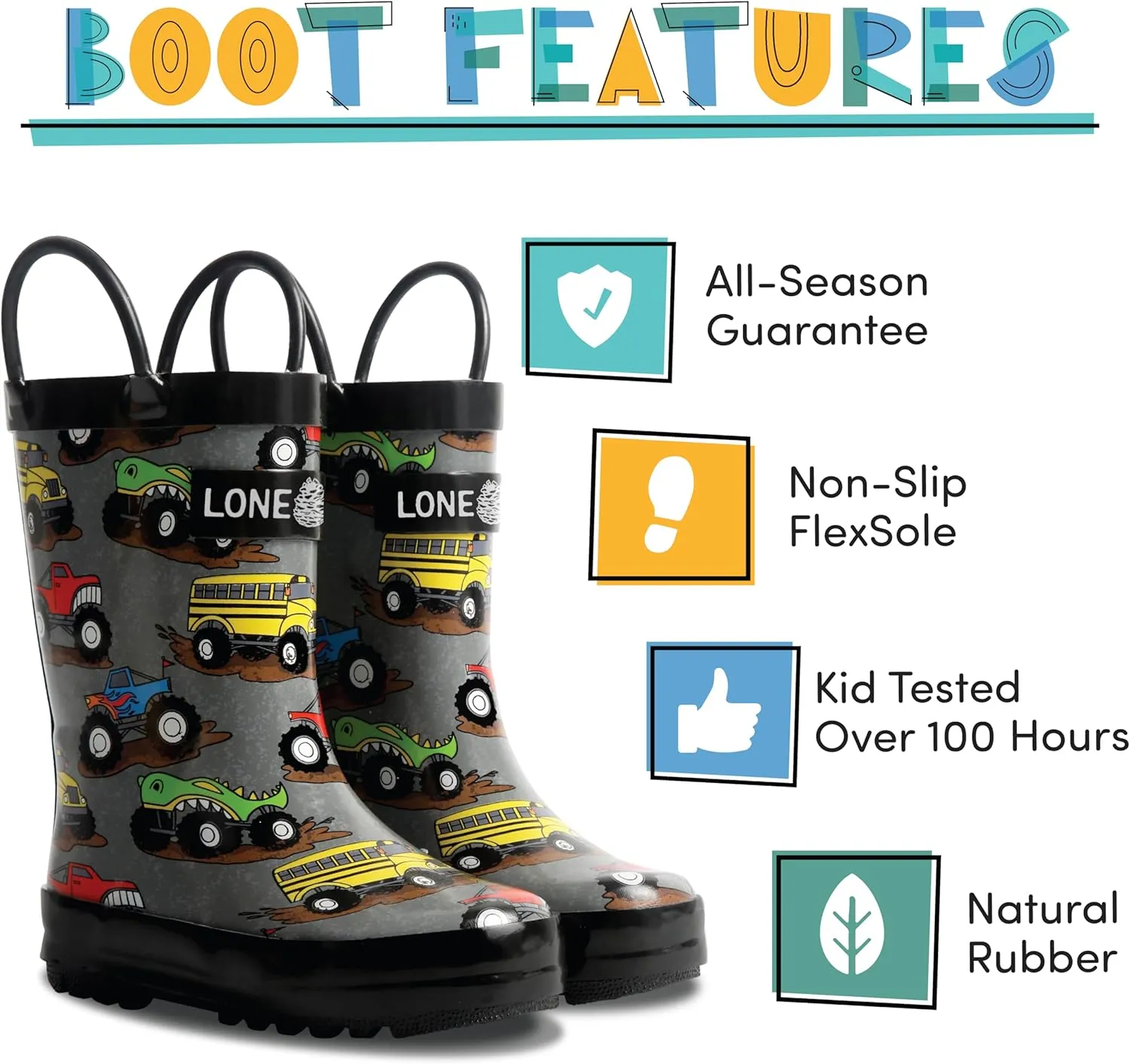 Lone Cone Kids Rain Boots for Girls & Boys – Waterproof Natural Rubber Toddler Rain Boots with Non-Slip Outsole & Easy Pull Handles – Solid, Pattern & Glitter Designs