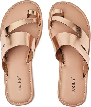 Luoika Women's Wide Width Flat Sandals, Flip Flop Slides Sandal Casual Strapy Sandal Slip on Summer Beach Shoes for Women.