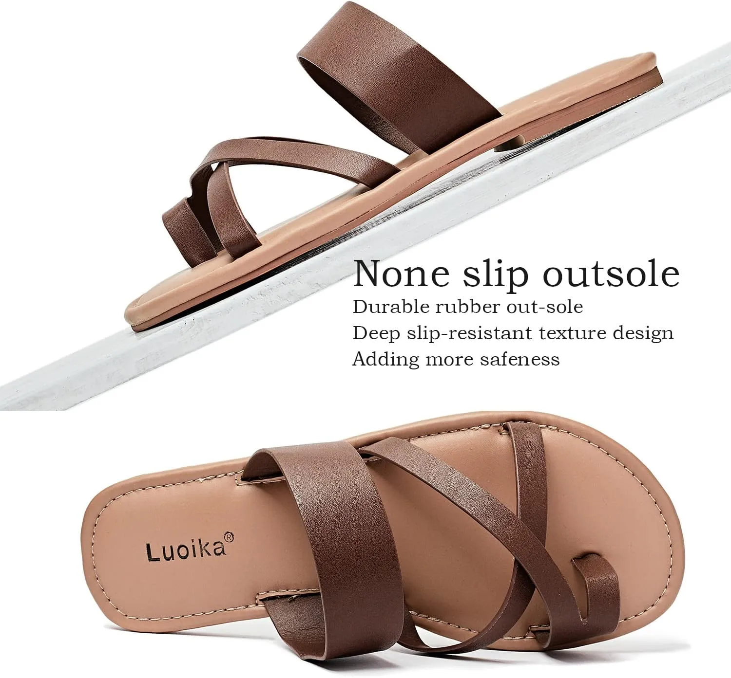 Luoika Women's Wide Width Flat Sandals, Flip Flop Slides Sandal Casual Strapy Sandal Slip on Summer Beach Shoes for Women.
