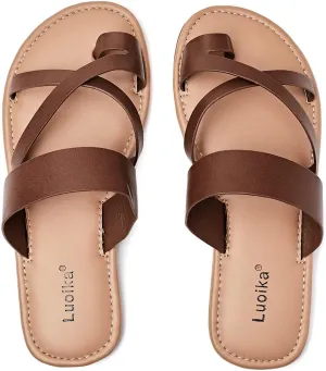 Luoika Women's Wide Width Flat Sandals, Flip Flop Slides Sandal Casual Strapy Sandal Slip on Summer Beach Shoes for Women.