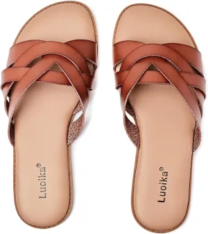 Luoika Women's Wide Width Flat Slides Sandals, Slip on Slide Sandal Casual Comfortable Summer Beach Shoes for Women.