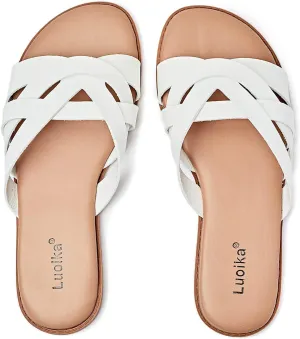 Luoika Women's Wide Width Flat Slides Sandals, Slip on Slide Sandal Casual Comfortable Summer Beach Shoes for Women.