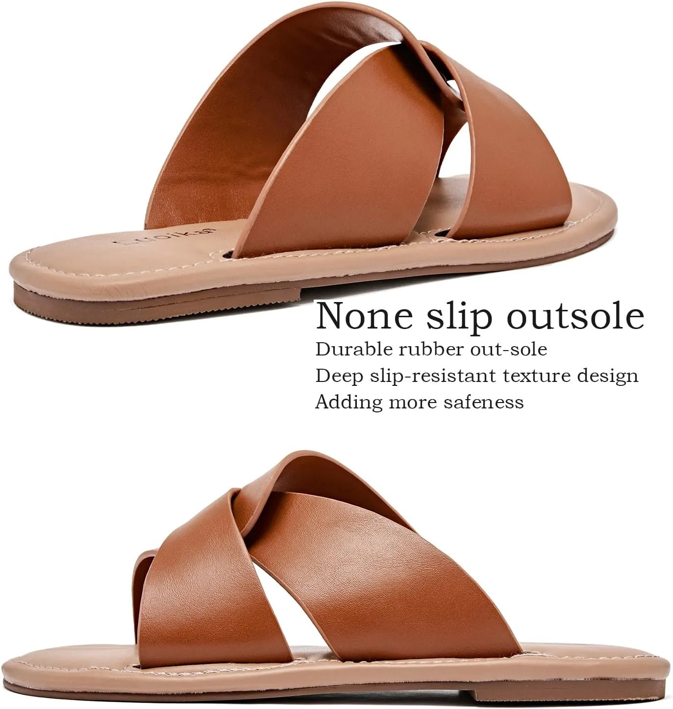 Luoika Women's Wide Width Flat Slides Sandals, Strapy Slide Sandal Slip on Dressy Summer Shoes for Women.