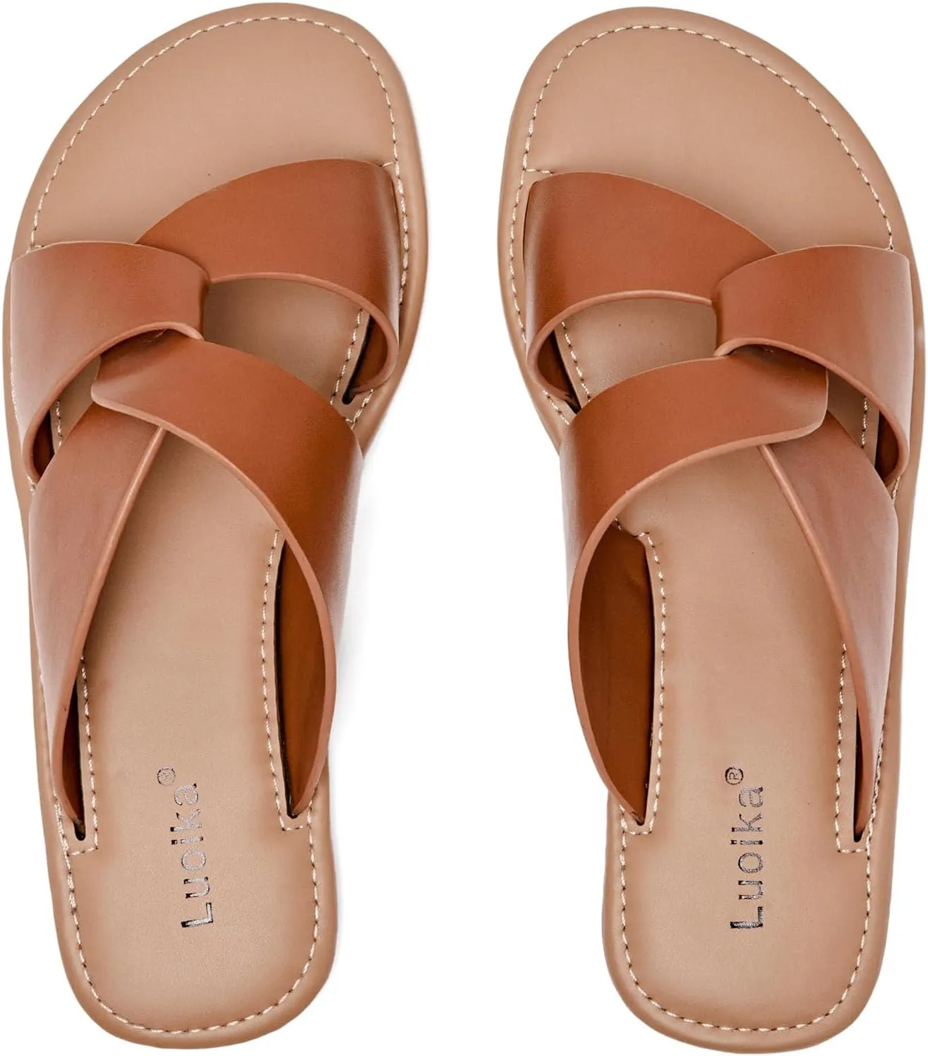 Luoika Women's Wide Width Flat Slides Sandals, Strapy Slide Sandal Slip on Dressy Summer Shoes for Women.