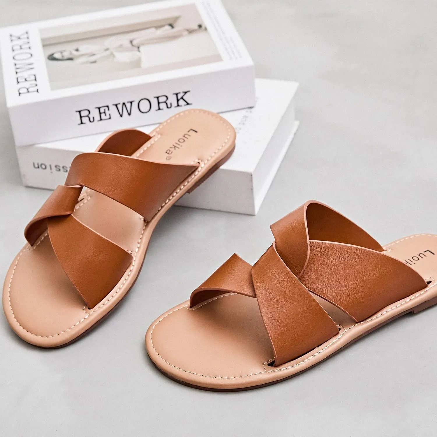 Luoika Women's Wide Width Flat Slides Sandals, Strapy Slide Sandal Slip on Dressy Summer Shoes for Women.