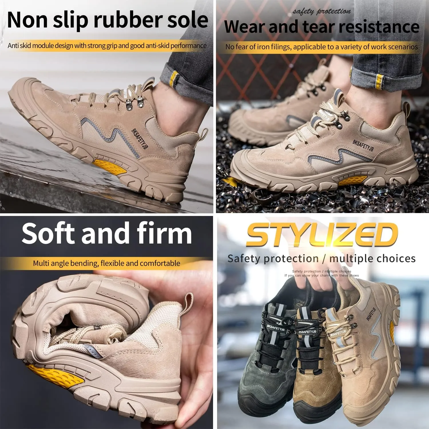 Men's Brown Steel Toe Work & Hiking Shoes, Industrial & Construction, Lightweight, Comfortable, Safety Toe, Slip On, US Men's Size