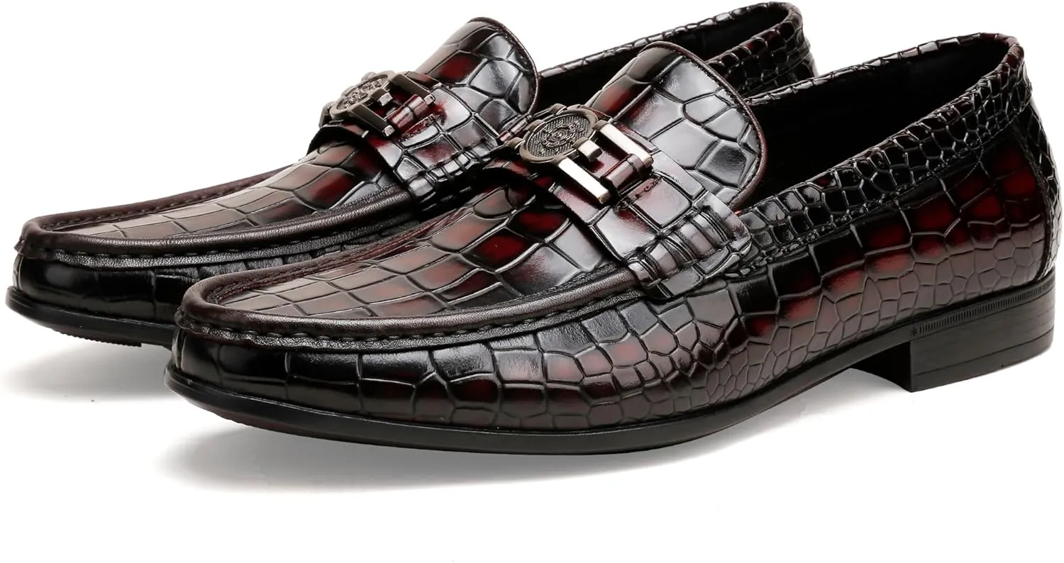 Mens Genuine Dress Shoes, Premium Crocodile Print Leather Slip-on Casual Shoes Penny Loafers for Mens, Black