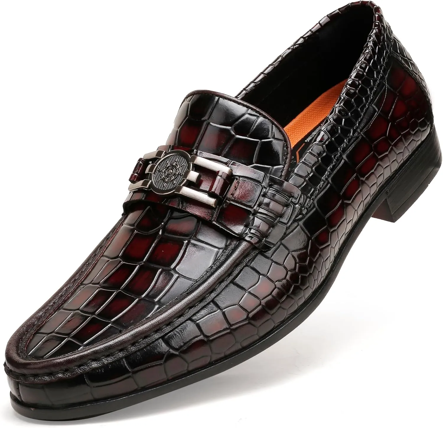 Mens Genuine Dress Shoes, Premium Crocodile Print Leather Slip-on Casual Shoes Penny Loafers for Mens, Black