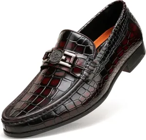 Mens Genuine Dress Shoes, Premium Crocodile Print Leather Slip-on Casual Shoes Penny Loafers for Mens, Black