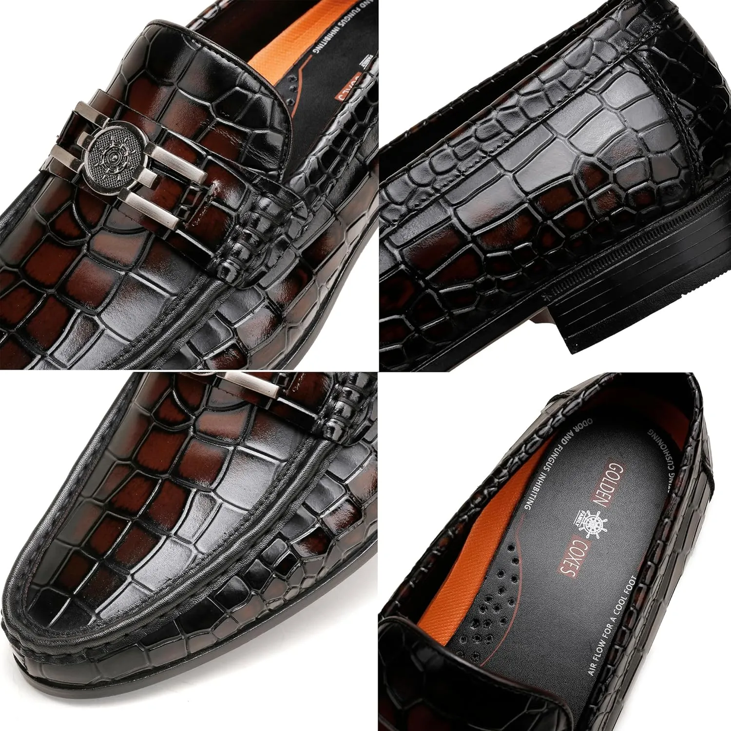 Mens Genuine Dress Shoes, Premium Crocodile Print Leather Slip-on Casual Shoes Penny Loafers for Mens, Black