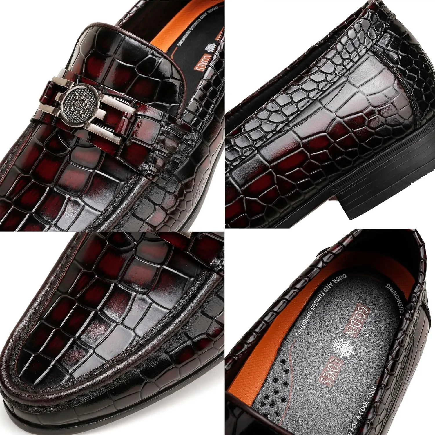 Mens Genuine Dress Shoes, Premium Crocodile Print Leather Slip-on Casual Shoes Penny Loafers for Mens, Black
