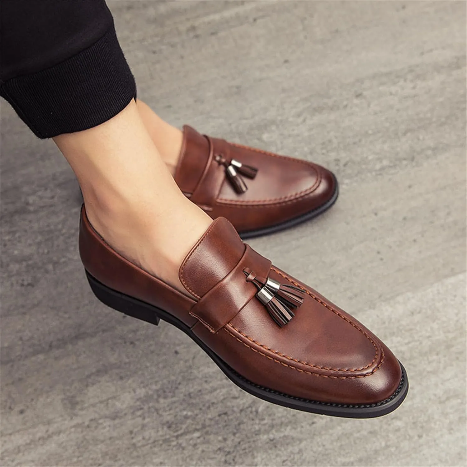 Men's Genuine Leather Slip On Tassels Loafers Classic Casual Dress Penny Loafers Vintage Formal Business Wedding Smoking Shoes