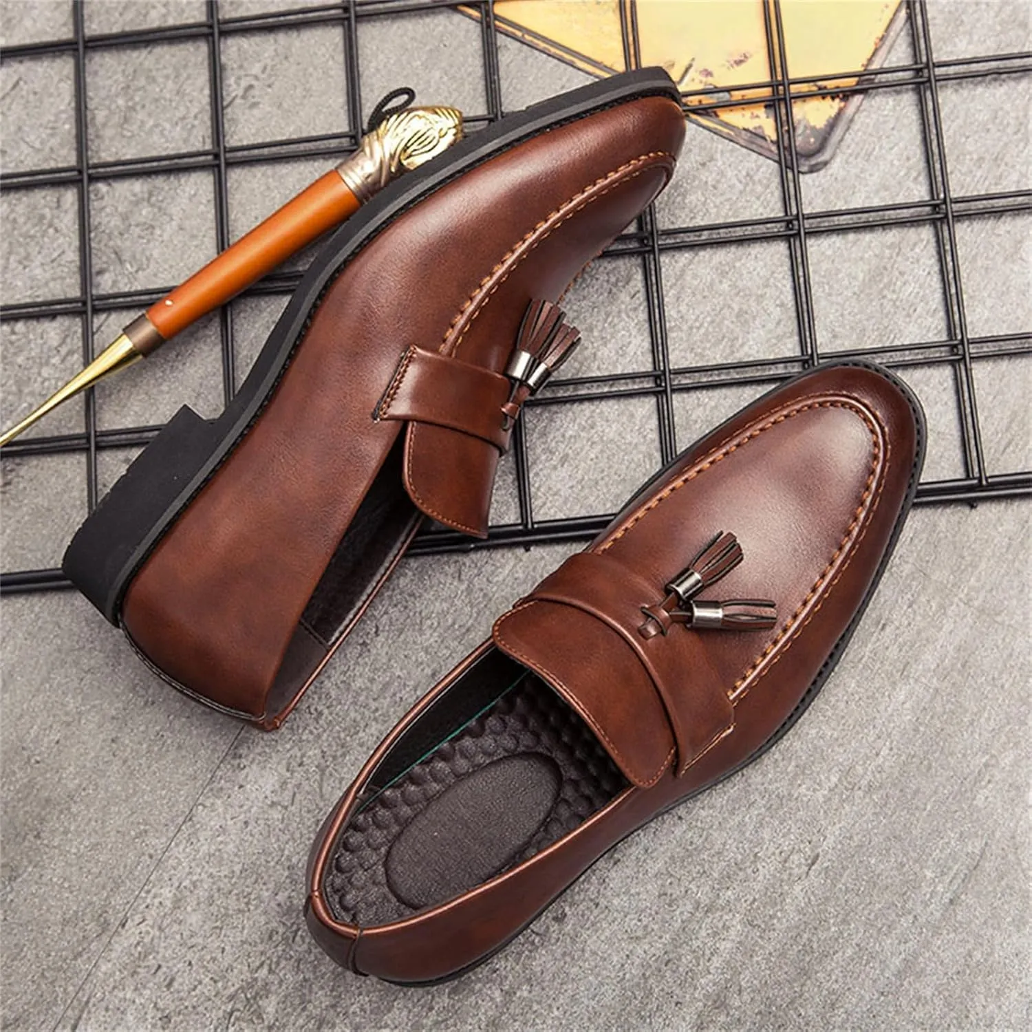 Men's Genuine Leather Slip On Tassels Loafers Classic Casual Dress Penny Loafers Vintage Formal Business Wedding Smoking Shoes