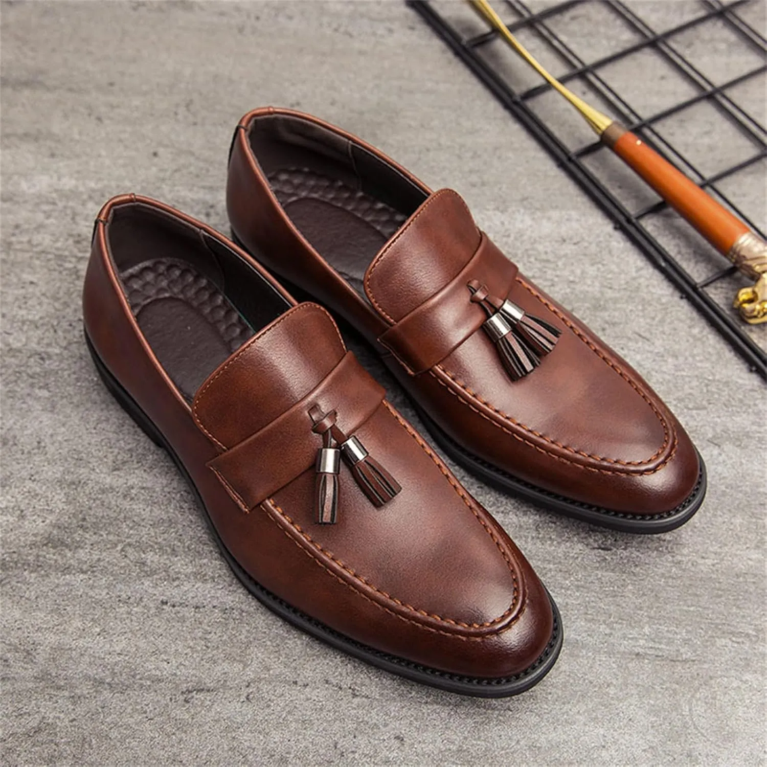 Men's Genuine Leather Slip On Tassels Loafers Classic Casual Dress Penny Loafers Vintage Formal Business Wedding Smoking Shoes