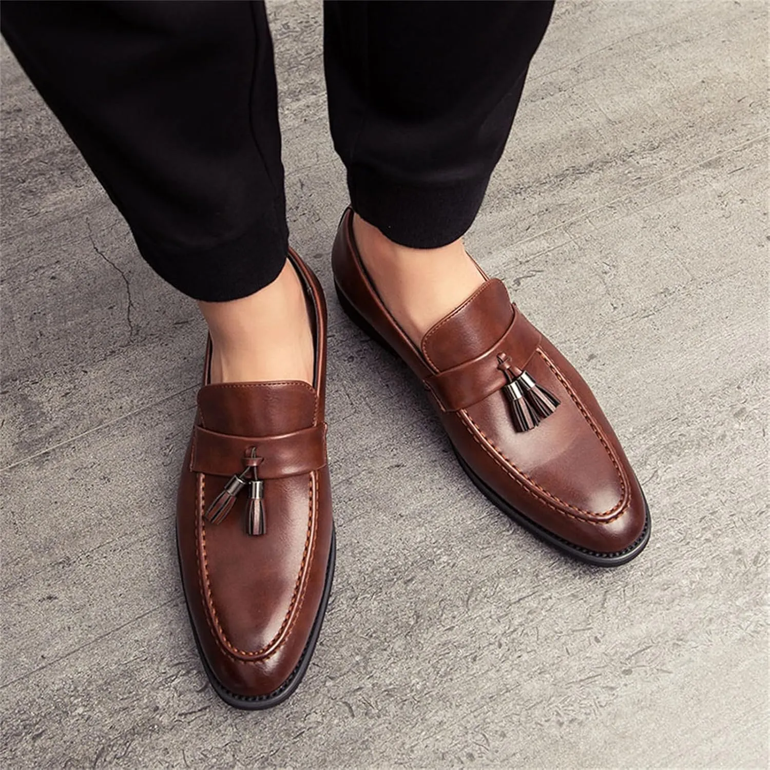 Men's Genuine Leather Slip On Tassels Loafers Classic Casual Dress Penny Loafers Vintage Formal Business Wedding Smoking Shoes