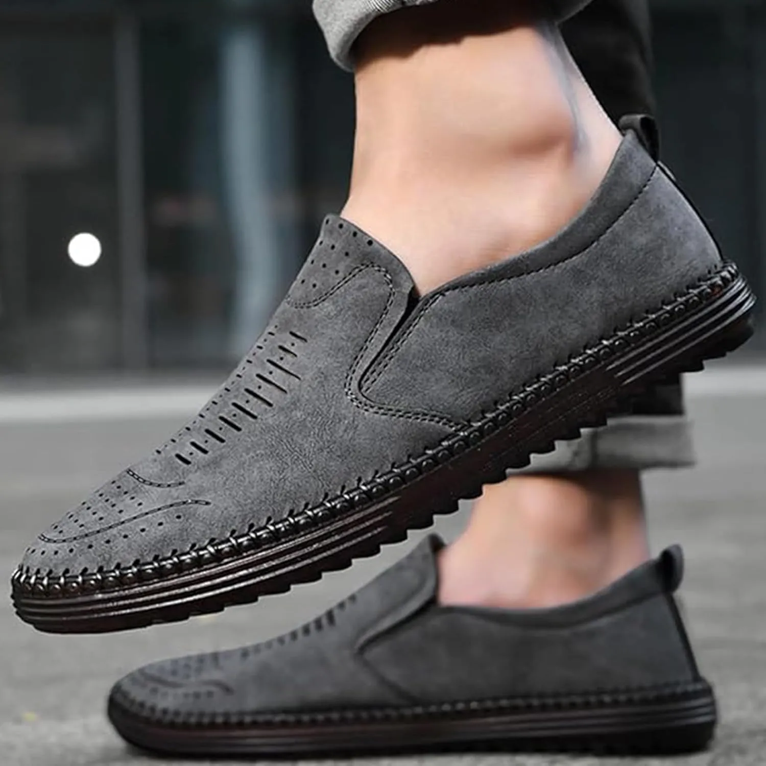 Men's Handmade Leather Loafers Comfortable Cowhide Slip-On Breathable Anti-Slip Summer Driving Shoes
