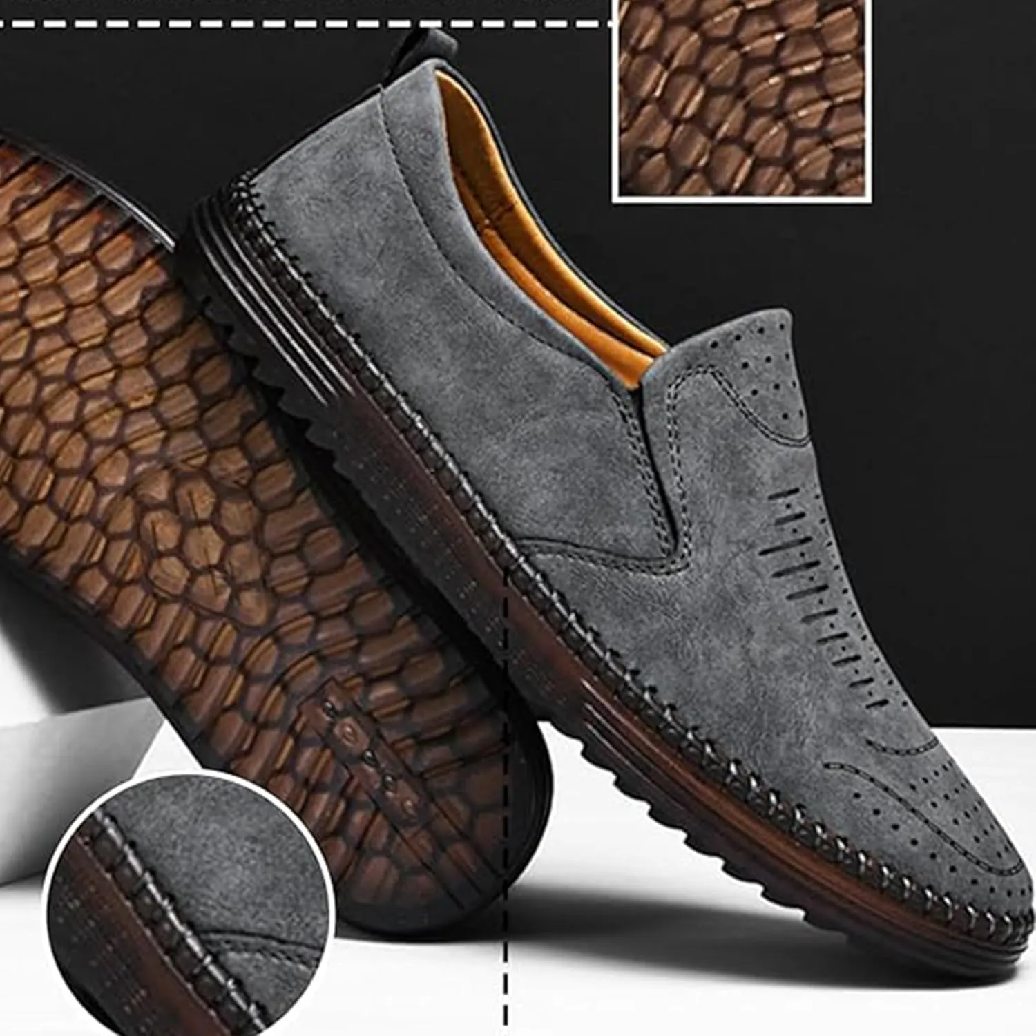 Men's Handmade Leather Loafers Comfortable Cowhide Slip-On Breathable Anti-Slip Summer Driving Shoes