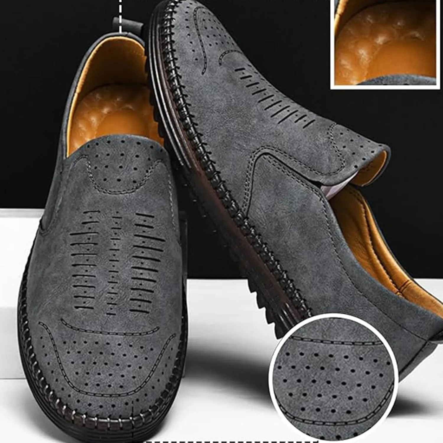 Men's Handmade Leather Loafers Comfortable Cowhide Slip-On Breathable Anti-Slip Summer Driving Shoes