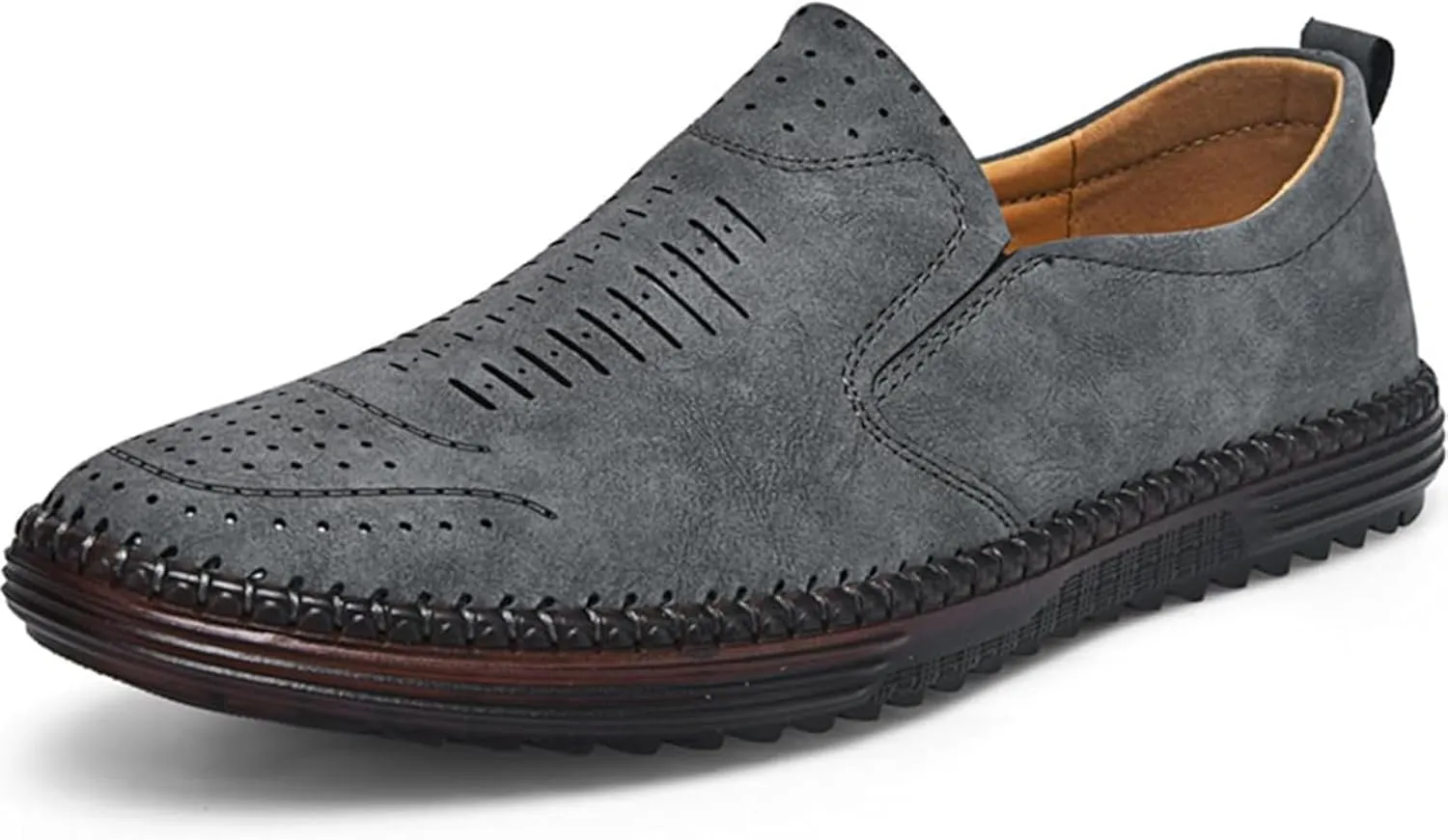 Men's Handmade Leather Loafers Comfortable Cowhide Slip-On Breathable Anti-Slip Summer Driving Shoes