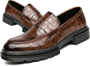 Men's Leather Platform Dress Loafers Classic Crocodile Printed Slip On Casual Comfortable Business Formal Shoes for Party Wedding Prom