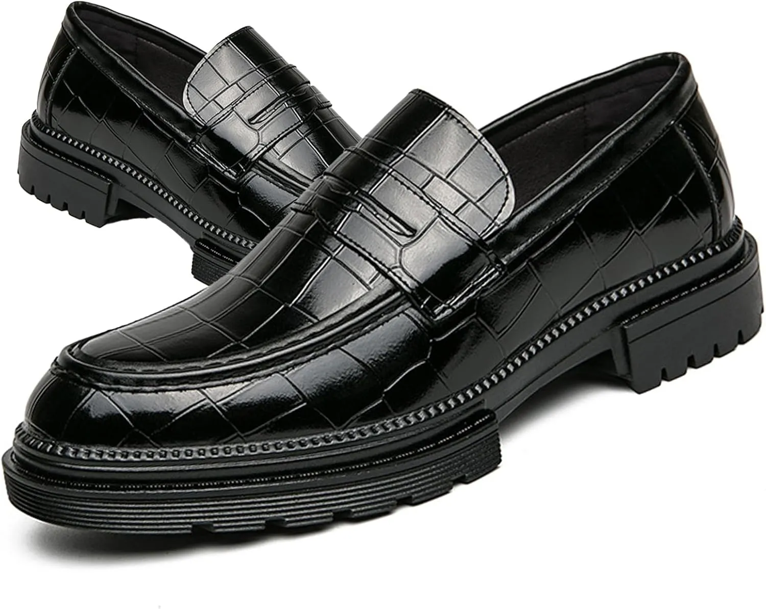Men's Leather Platform Dress Loafers Classic Crocodile Printed Slip On Casual Comfortable Business Formal Shoes for Party Wedding Prom