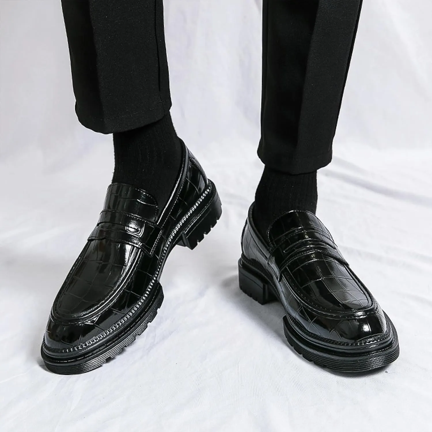 Men's Leather Platform Dress Loafers Classic Crocodile Printed Slip On Casual Comfortable Business Formal Shoes for Party Wedding Prom