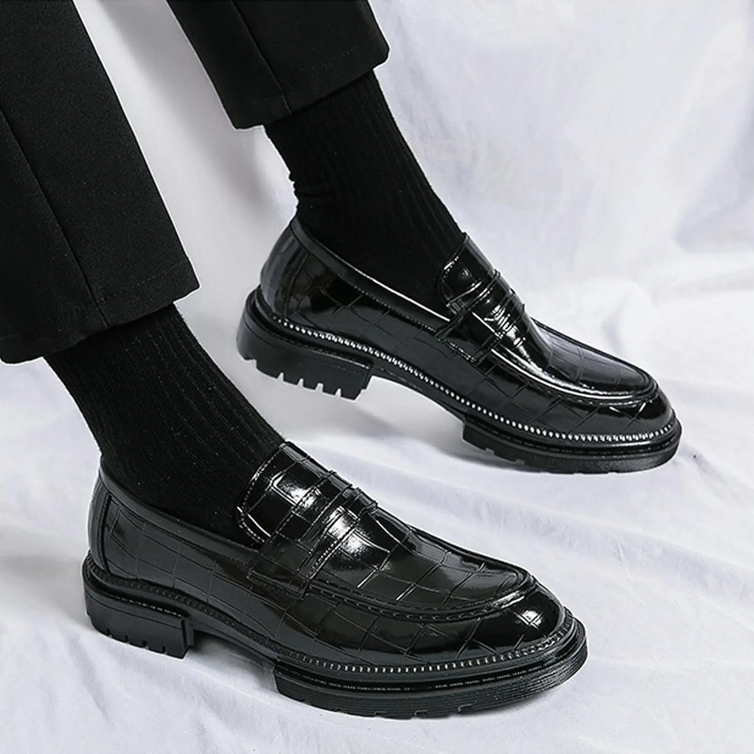 Men's Leather Platform Dress Loafers Classic Crocodile Printed Slip On Casual Comfortable Business Formal Shoes for Party Wedding Prom