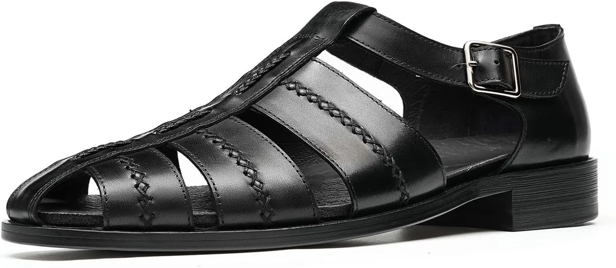 Men's Leather Sandals, Braided Strap Design with Adjustable Buckle, Comfortable and Stylish Closed-Toe Summer Casual Shoes
