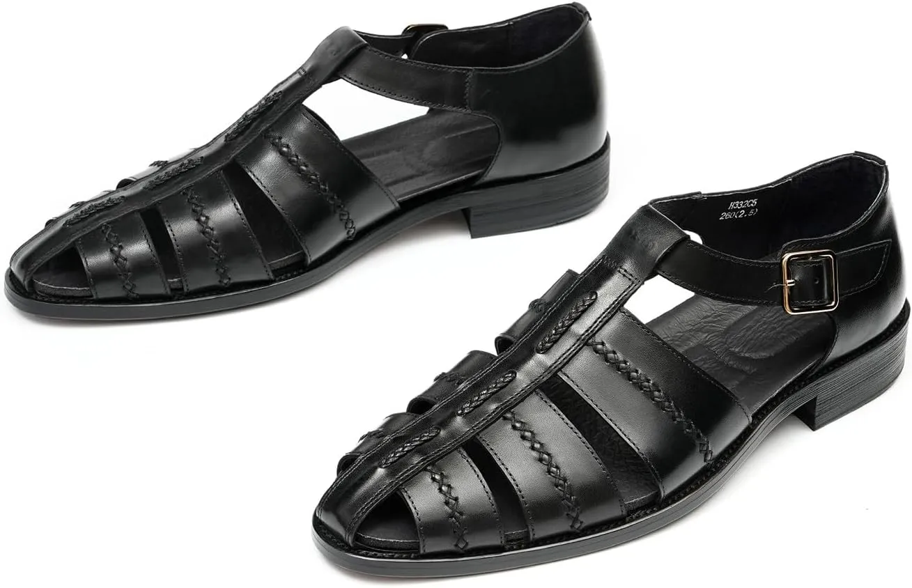 Men's Leather Sandals, Braided Strap Design with Adjustable Buckle, Comfortable and Stylish Closed-Toe Summer Casual Shoes