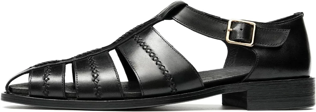Men's Leather Sandals, Braided Strap Design with Adjustable Buckle, Comfortable and Stylish Closed-Toe Summer Casual Shoes