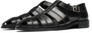 Men's Leather Sandals, Braided Strap Design with Adjustable Buckle, Comfortable and Stylish Closed-Toe Summer Casual Shoes