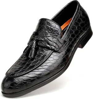 Mens Leather Tassel Loafer, Classic Luxury Smooth Upper Tassel Slip-on Penny Loafer for Mens, Black