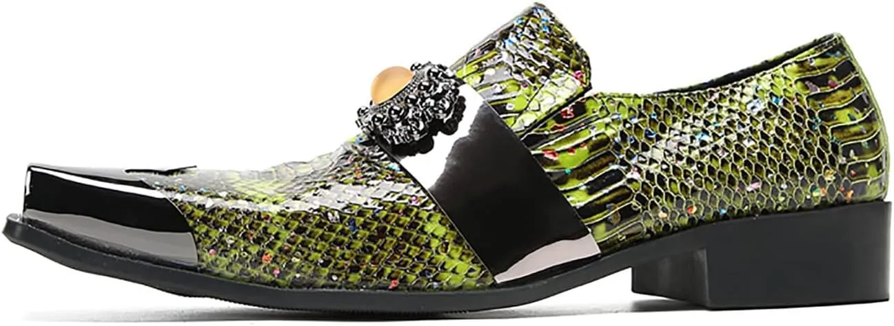Mens Loafers Dress Casual Slip On Genuine Leather Yellow Gemstone Mocassins Snakeskin Texture Metal-Square Toe Penny Loafers Prom Wedding Western Party Disco Tuxedo Shoes for Mens