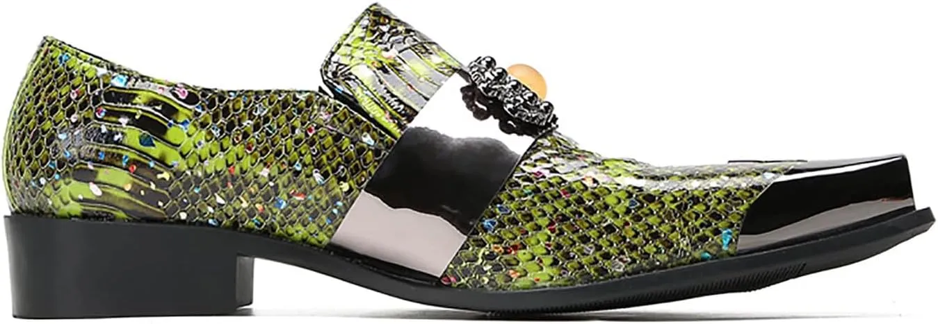 Mens Loafers Dress Casual Slip On Genuine Leather Yellow Gemstone Mocassins Snakeskin Texture Metal-Square Toe Penny Loafers Prom Wedding Western Party Disco Tuxedo Shoes for Mens