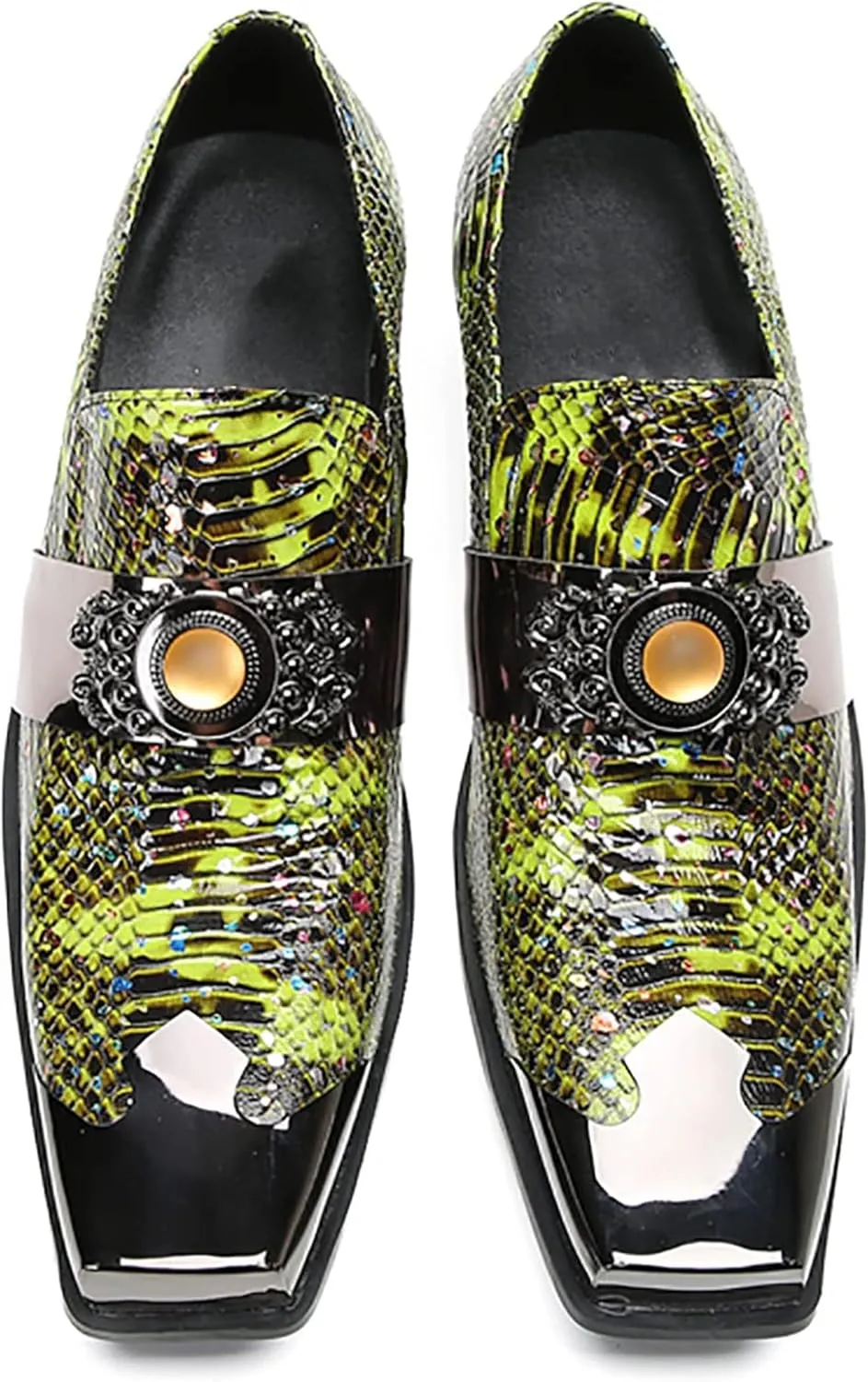 Mens Loafers Dress Casual Slip On Genuine Leather Yellow Gemstone Mocassins Snakeskin Texture Metal-Square Toe Penny Loafers Prom Wedding Western Party Disco Tuxedo Shoes for Mens