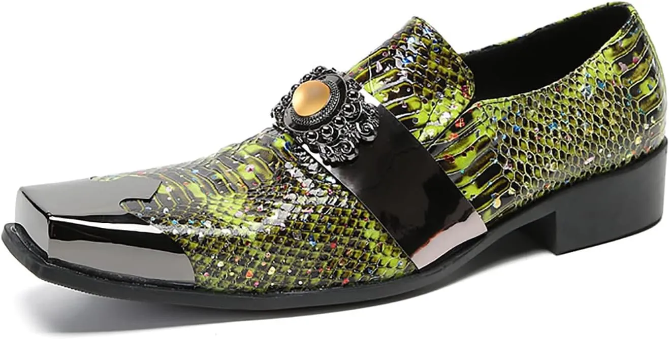 Mens Loafers Dress Casual Slip On Genuine Leather Yellow Gemstone Mocassins Snakeskin Texture Metal-Square Toe Penny Loafers Prom Wedding Western Party Disco Tuxedo Shoes for Mens