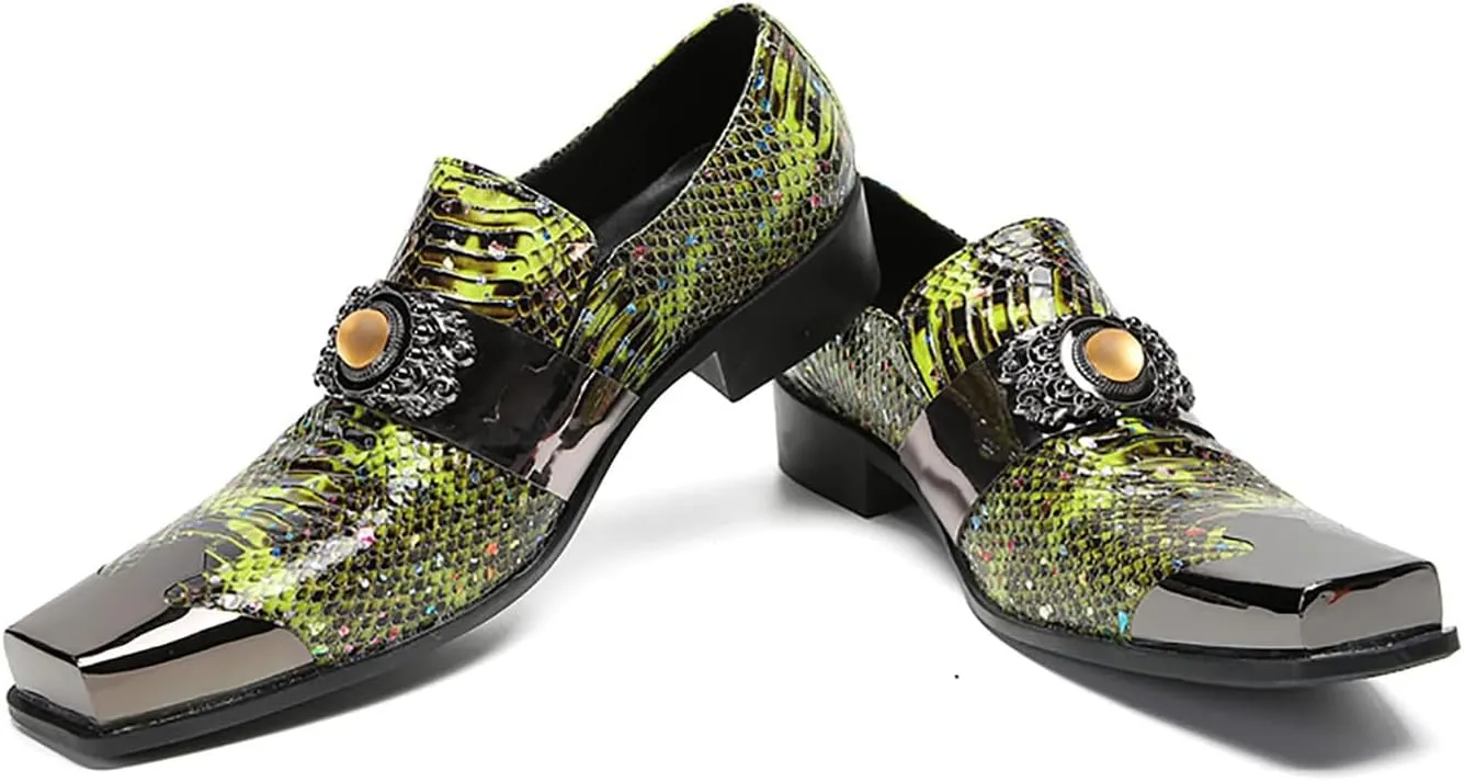 Mens Loafers Dress Casual Slip On Genuine Leather Yellow Gemstone Mocassins Snakeskin Texture Metal-Square Toe Penny Loafers Prom Wedding Western Party Disco Tuxedo Shoes for Mens
