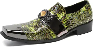 Mens Loafers Dress Casual Slip On Genuine Leather Yellow Gemstone Mocassins Snakeskin Texture Metal-Square Toe Penny Loafers Prom Wedding Western Party Disco Tuxedo Shoes for Mens