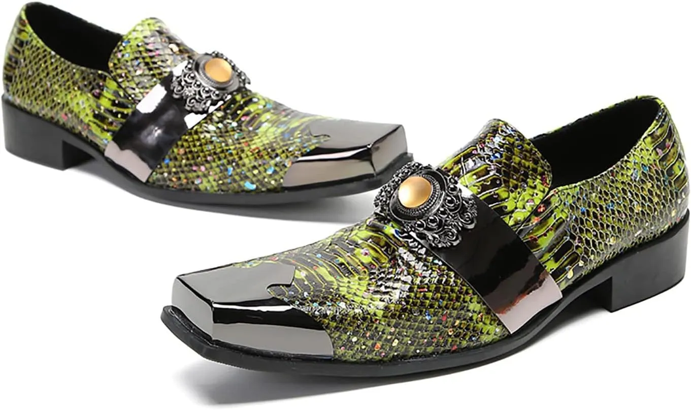 Mens Loafers Dress Casual Slip On Genuine Leather Yellow Gemstone Mocassins Snakeskin Texture Metal-Square Toe Penny Loafers Prom Wedding Western Party Disco Tuxedo Shoes for Mens