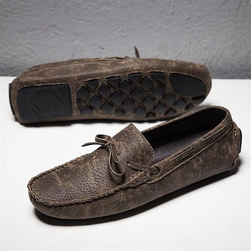 Men's Loafers Genuine Leather Deck Shoes Stitching Details Faux Snake Print Round Toe Flat Heel Flexible Anti-Slip Walking Slip-on