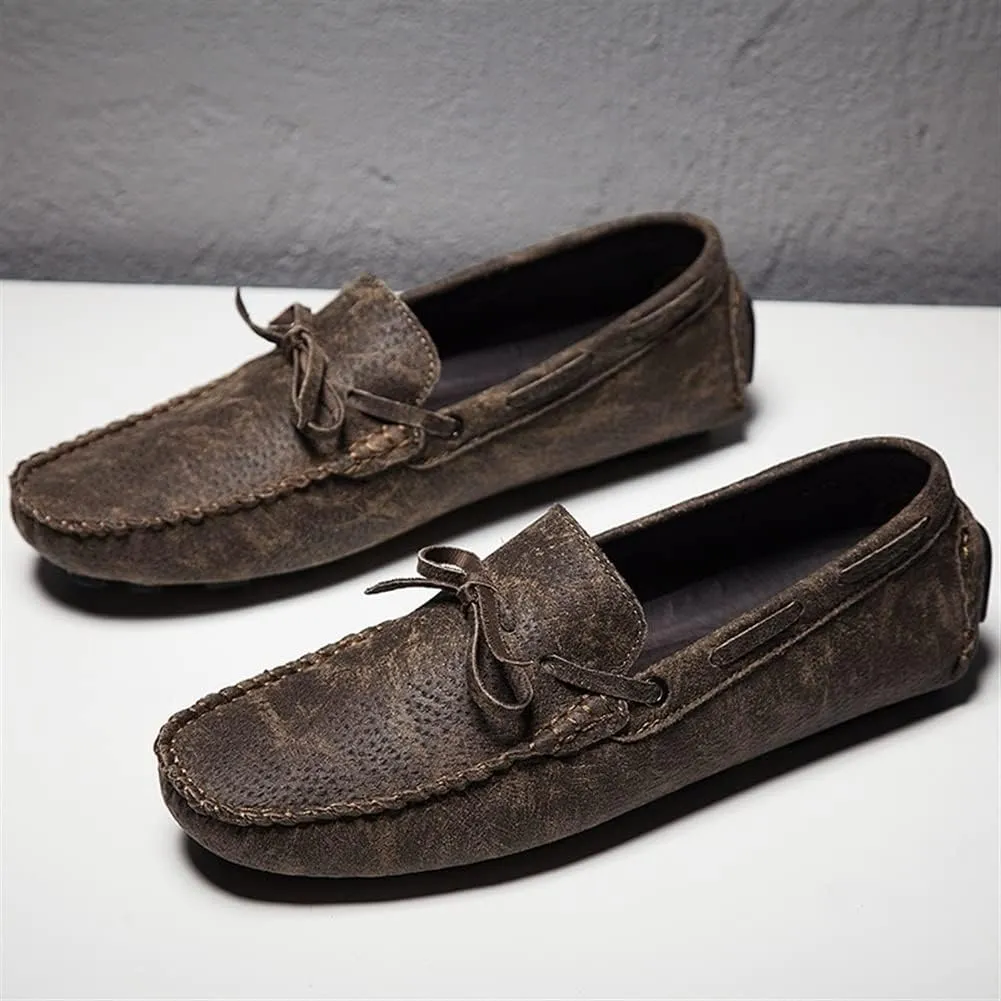 Men's Loafers Genuine Leather Deck Shoes Stitching Details Faux Snake Print Round Toe Flat Heel Flexible Anti-Slip Walking Slip-on
