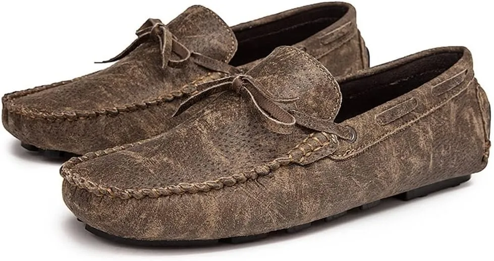 Men's Loafers Genuine Leather Deck Shoes Stitching Details Faux Snake Print Round Toe Flat Heel Flexible Anti-Slip Walking Slip-on