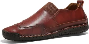 Mens Loafers Genuine Leather Round Toe Stitching Details Rubber Sole Comfortable Flat Heel Resistant Classic Walking Slip On