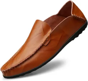 Men's Loafers Shoes Genuine Leather Stitching Details Round Toe Rubber Sole Simple Flat Heel Anti-Slip Lightweight Classic Slip-on