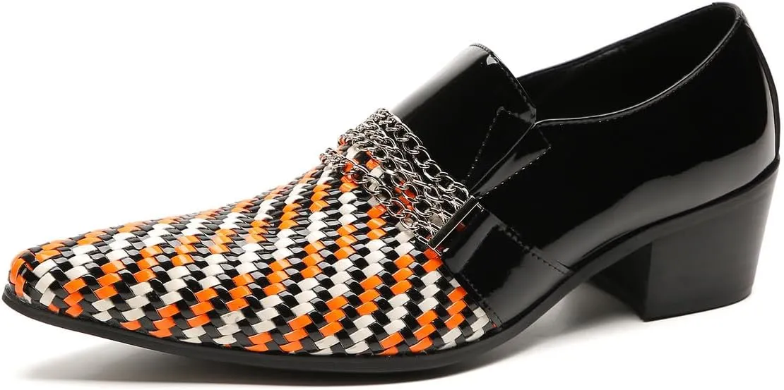 Men's Loafers Slip On Party Dress Casual Woven Two-Tone Chain Leather Penny Loafers Fashion Shoes for Men