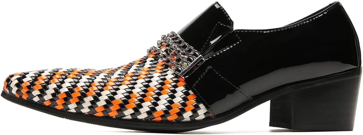 Men's Loafers Slip On Party Dress Casual Woven Two-Tone Chain Leather Penny Loafers Fashion Shoes for Men