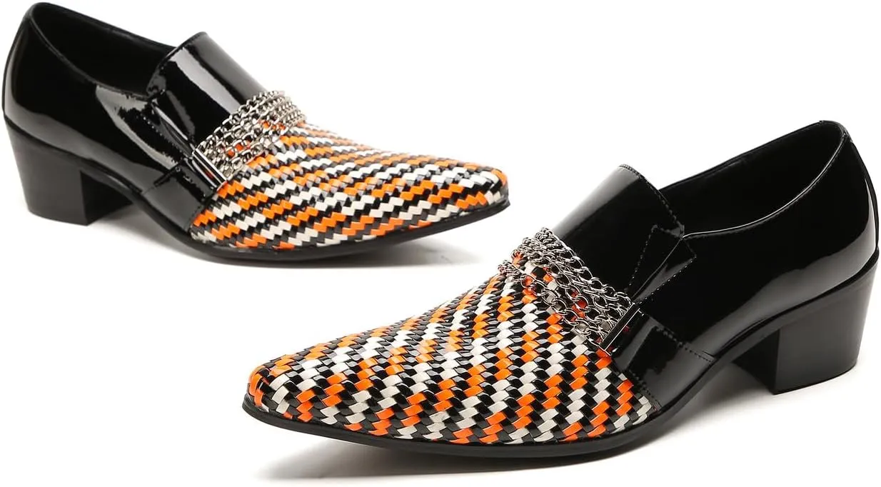 Men's Loafers Slip On Party Dress Casual Woven Two-Tone Chain Leather Penny Loafers Fashion Shoes for Men
