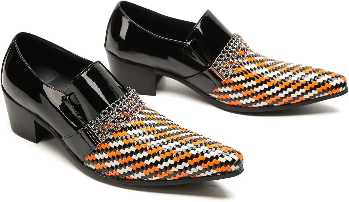 Men's Loafers Slip On Party Dress Casual Woven Two-Tone Chain Leather Penny Loafers Fashion Shoes for Men