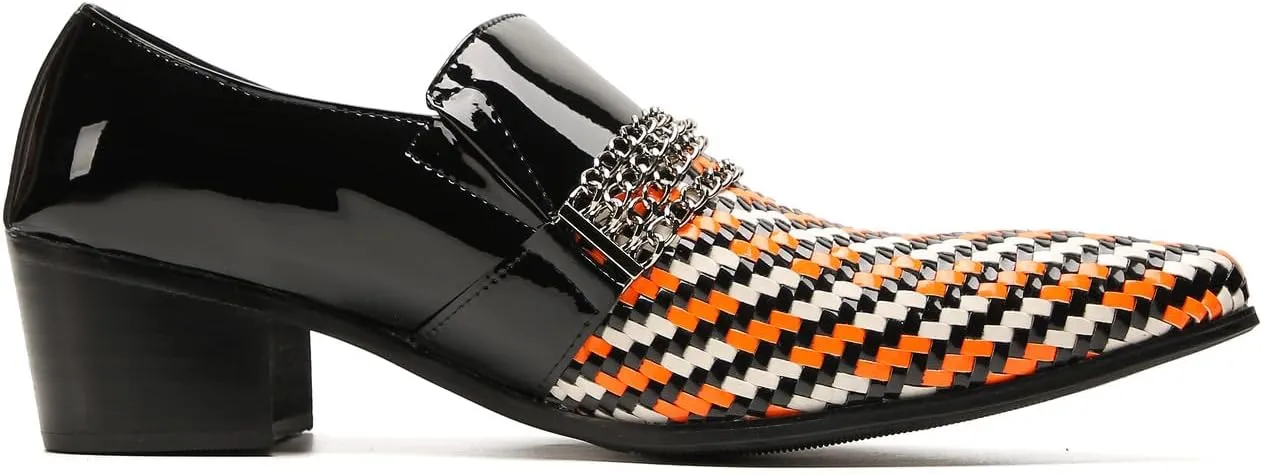 Men's Loafers Slip On Party Dress Casual Woven Two-Tone Chain Leather Penny Loafers Fashion Shoes for Men