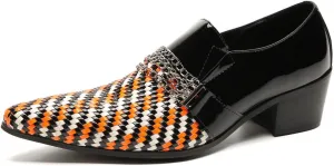 Men's Loafers Slip On Party Dress Casual Woven Two-Tone Chain Leather Penny Loafers Fashion Shoes for Men